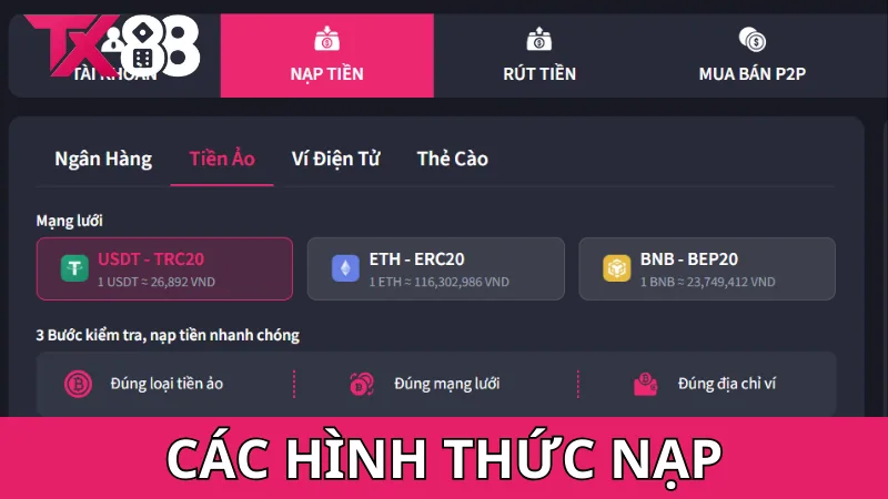 Những hình thức nạp vào TX88