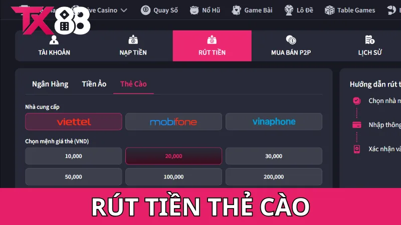 Rút bằng thẻ cào di động tại TX88